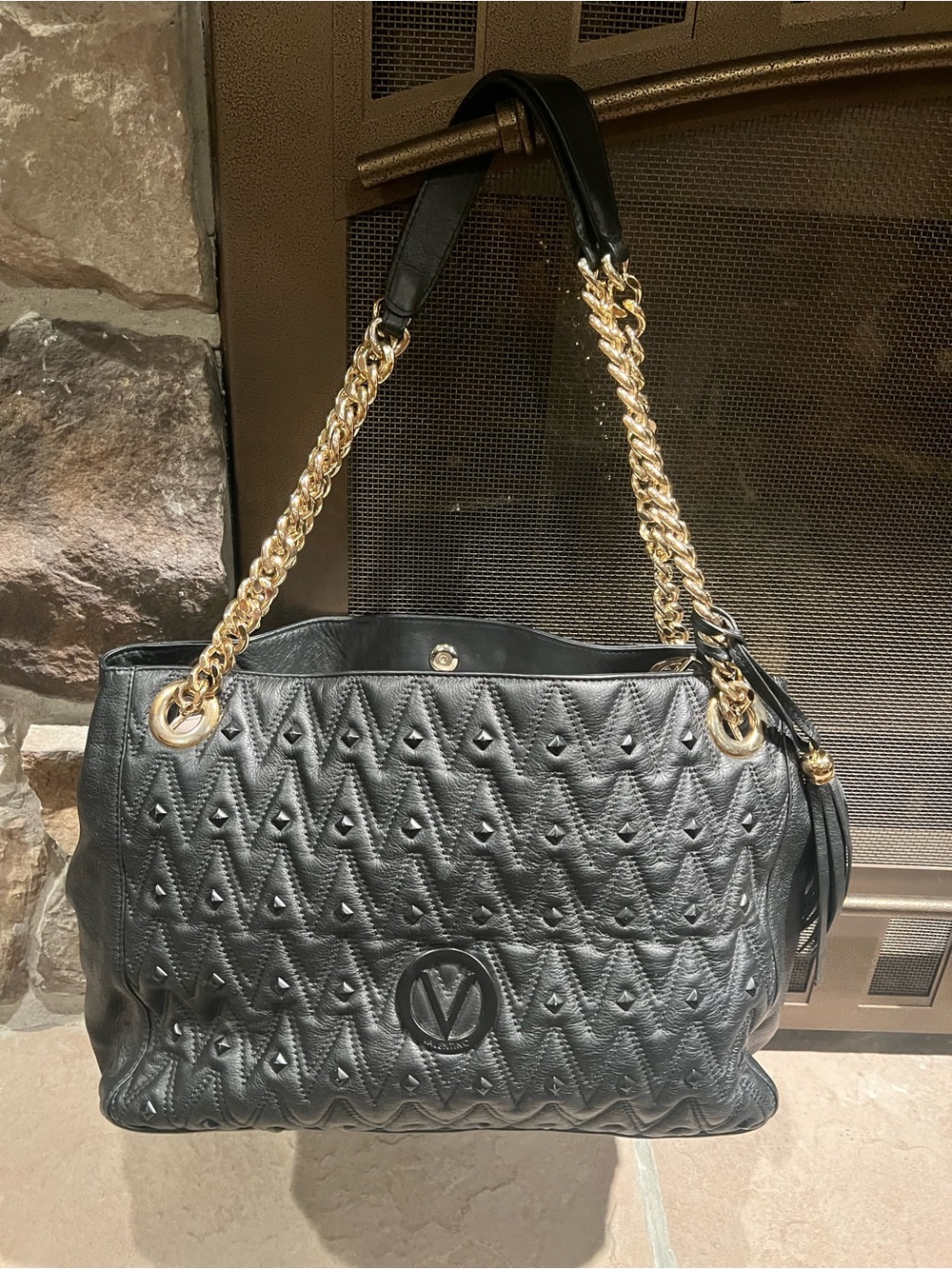 Mario Valentino Black Quilted Leather Shoulder Bag with Gold Chain Straps